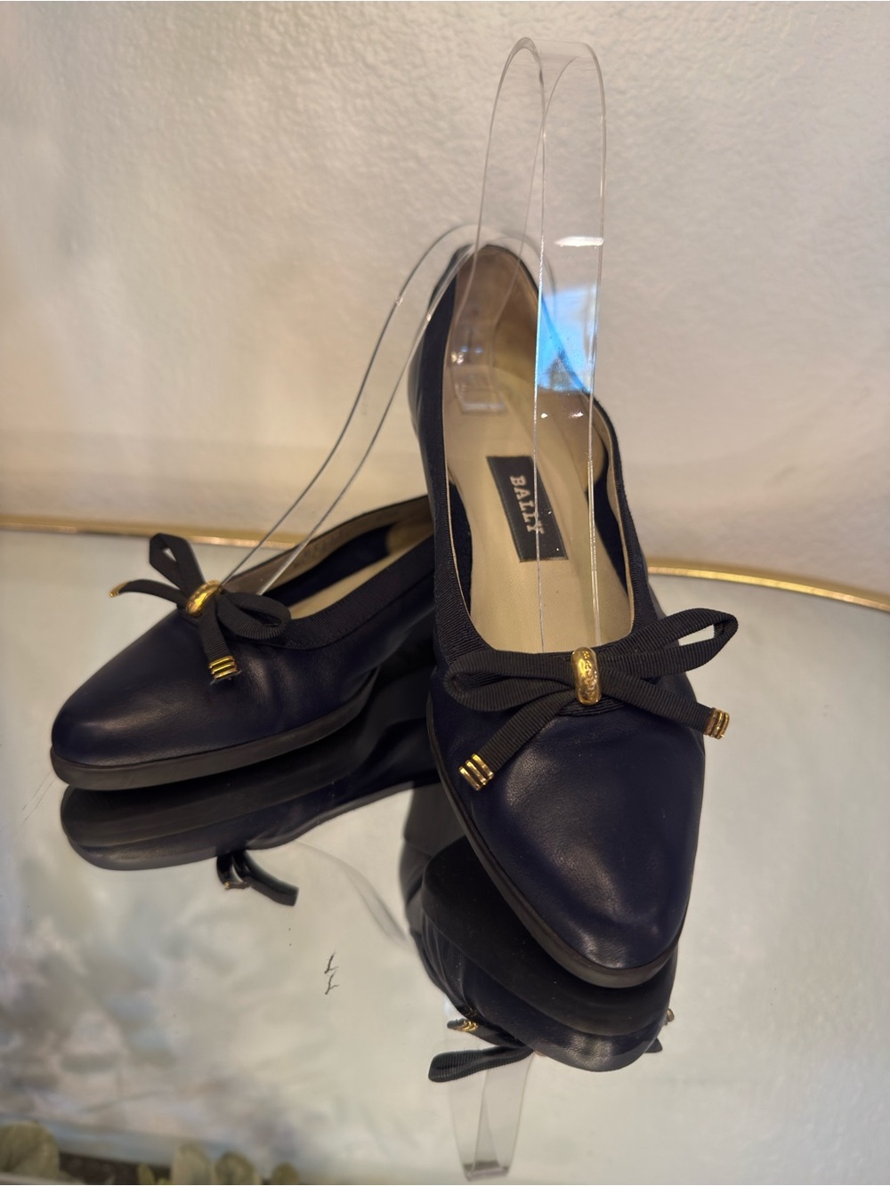 Vintage Bally Navy Blue Leather Pointed-Toe Flats with Bow & Gold Accents